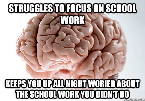 Struggles to focus on school work keeps you up all night woried about the school work you didn't do  Scumbag Brain