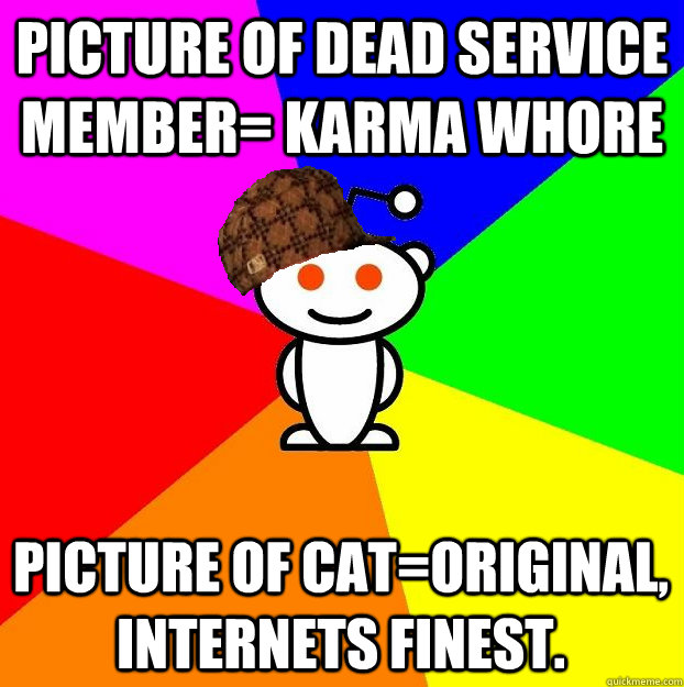 PICTURE OF DEAD SERVICE MEMBER= KARMA WHORE PICTURE OF CAT=ORIGINAL, INTERNETS FINEST.  Scumbag Redditor