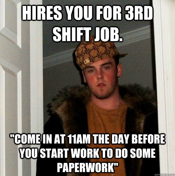 Hires you for 3rd shift job. 