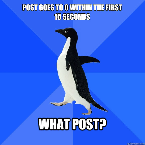 post goes to 0 within the first 
15 seconds what post?  Socially Awkward Penguin