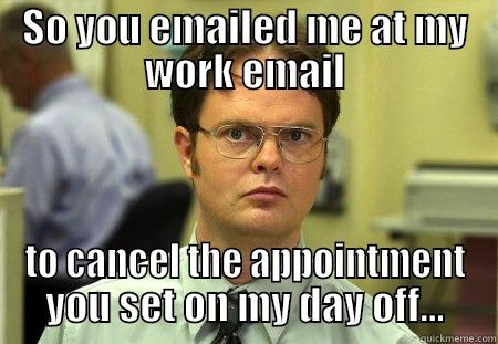 you couldn't just call me? - SO YOU EMAILED ME AT MY WORK EMAIL TO CANCEL THE APPOINTMENT YOU SET ON MY DAY OFF... Schrute