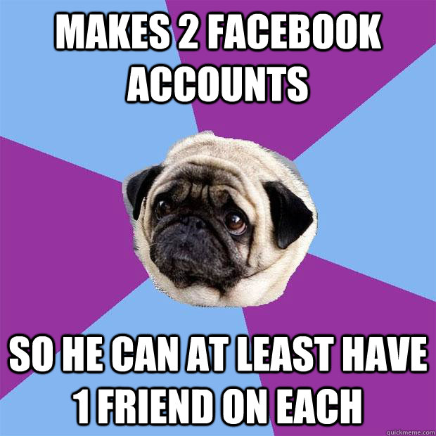 makes 2 facebook accounts so he can at least have 1 friend on each  Lonely Pug
