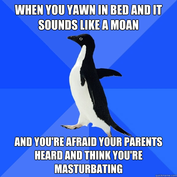 when you yawn in bed and it sounds like a moan and you're afraid your parents heard and think you're masturbating  Socially Awkward Penguin