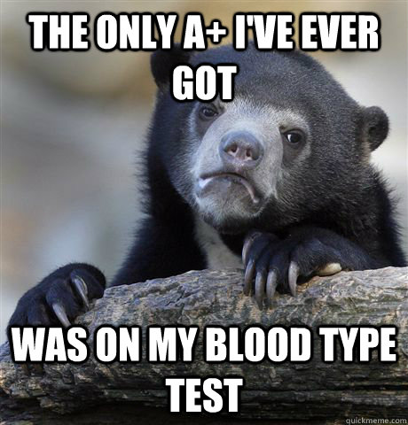 The only a+ I've ever got was on my blood type test  Confession Bear