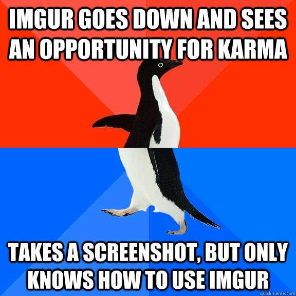 IMGUR goes down and sees an opportunity for karma takes a screenshot, but only knows how to use imgur  Socially Awesome Awkward Penguin