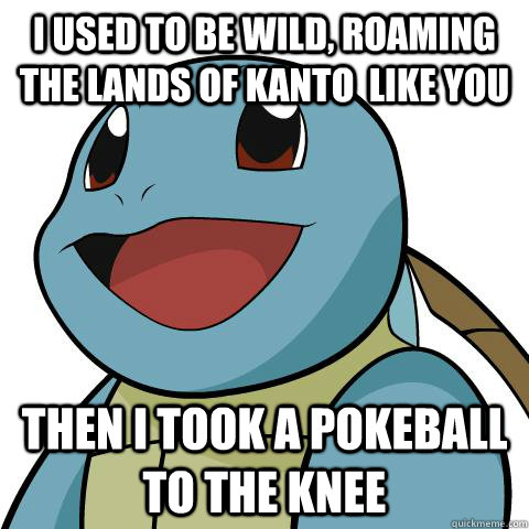 I Used to be wild, roaming the lands of kanto  like you Then I took a pokeball to the knee  Squirtle