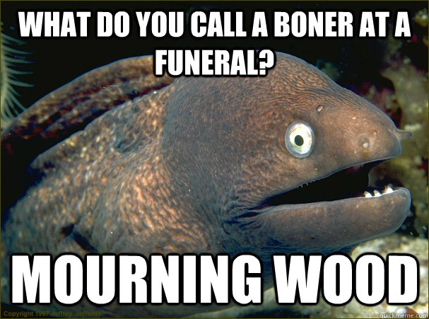 What do you call a boner at a funeral? Mourning wood  Bad Joke Eel
