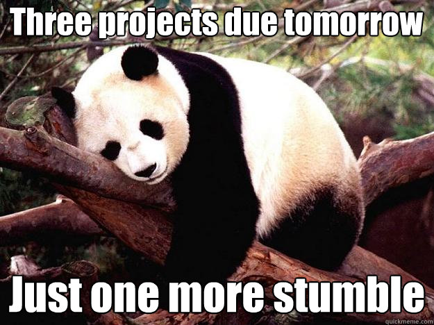 Three projects due tomorrow Just one more stumble  Procrastination Panda
