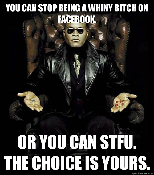 You can stop being a whiny bitch on Facebook, or you can stfu. 
the choice is yours.  Morpheus