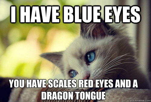 i have blue eyes  you have scales red eyes and a dragon tongue  - i have blue eyes  you have scales red eyes and a dragon tongue   First World Problems Cat
