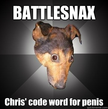 BATTLESNAX Chris' code word for penis  Depression Dog