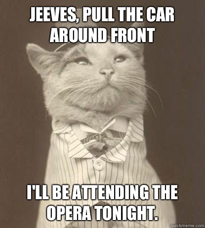 Jeeves, pull the car around front I'll be attending the opera tonight.  Aristocat