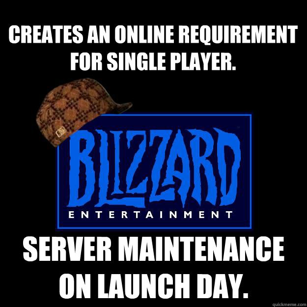 Creates an online requirement for single player. Server Maintenance on launch day.   Scumbag blizzard