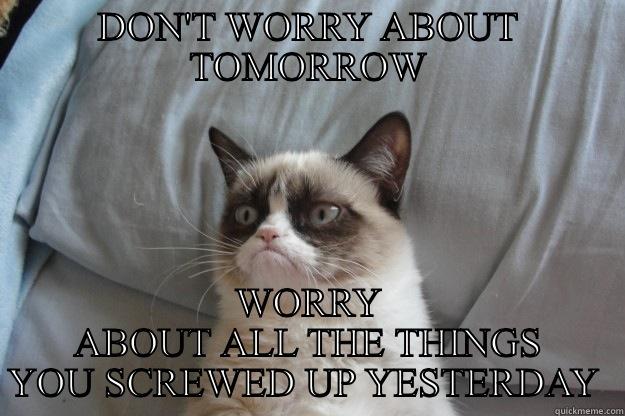 DON'T WORRY ABOUT TOMORROW WORRY ABOUT ALL THE THINGS YOU SCREWED UP YESTERDAY  Grumpy Cat