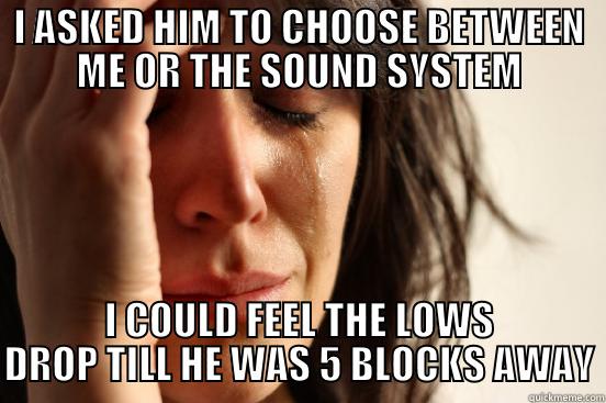 I ASKED HIM TO CHOOSE BETWEEN ME OR THE SOUND SYSTEM I COULD FEEL THE LOWS DROP TILL HE WAS 5 BLOCKS AWAY First World Problems