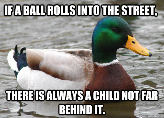 if a ball rolls into the street, there is always a child not far behind it. - if a ball rolls into the street, there is always a child not far behind it.  Actual Advice Mallard