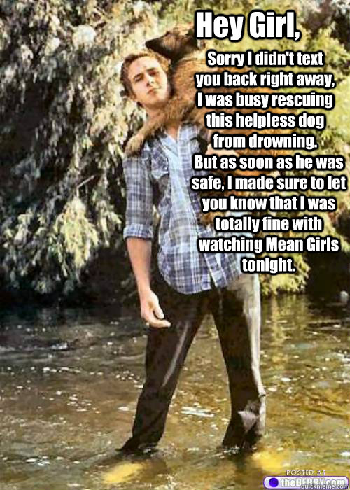 Hey Girl, Sorry I didn't text you back right away, I was busy rescuing this helpless dog from drowning. But as soon as he was safe, I made sure to let you know that I was totally fine with watching Mean Girls tonight. - Hey Girl, Sorry I didn't text you back right away, I was busy rescuing this helpless dog from drowning. But as soon as he was safe, I made sure to let you know that I was totally fine with watching Mean Girls tonight.  heygirl