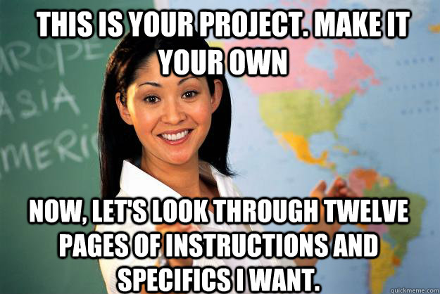 This is your project. Make it your own Now, let's look through twelve pages of instructions and specifics I want.  Unhelpful High School Teacher