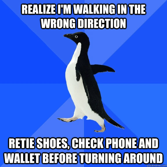 Realize i'm walking in the wrong direction Retie shoes, check phone and wallet before turning around  Socially Awkward Penguin