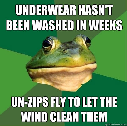 underwear hasn't been washed in weeks un-zips fly to let the wind clean them  Foul Bachelor Frog