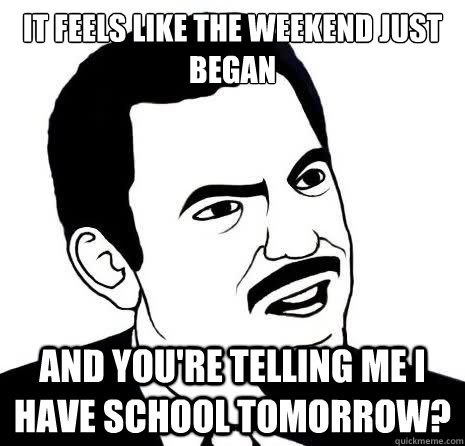 It feels like the weekend just began and you're telling me i have school tomorrow?  Seriously Are You Serious