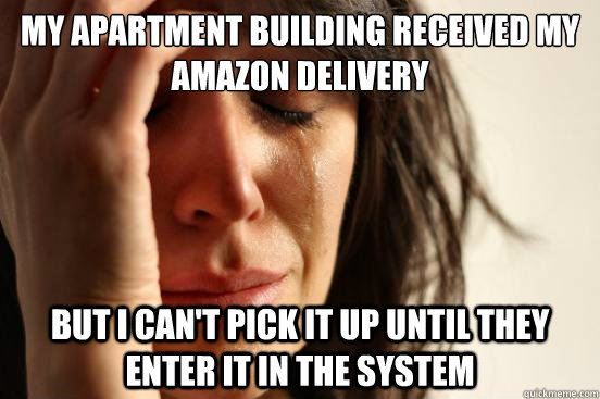 My apartment building received my amazon delivery but I can't pick it up until they enter it in the system  First World Problems