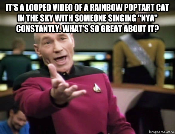 It's a looped video of a rainbow poptart cat in the sky with someone singing 