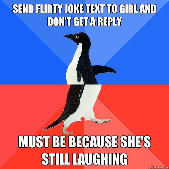 Send flirty joke text to girl and don't get a reply Must be because she's still laughing  Socially Awkward Awesome Penguin