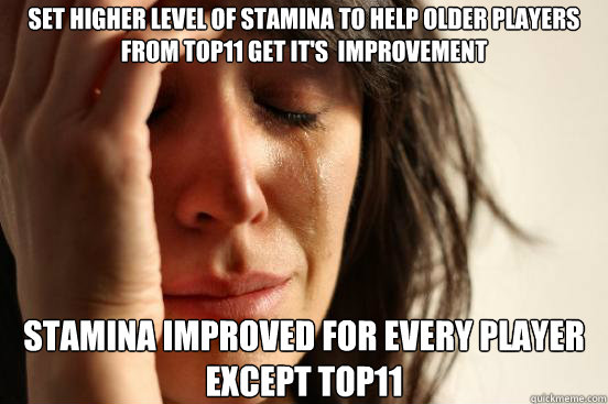 Set higher level of stamina to help older players from top11 get it's  improvement stamina improved for every player except top11  First World Problems