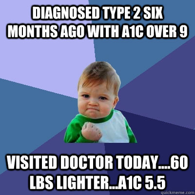 Diagnosed Type 2 six months ago with A1C over 9 Visited doctor today....60 lbs lighter...A1C 5.5  Success Kid