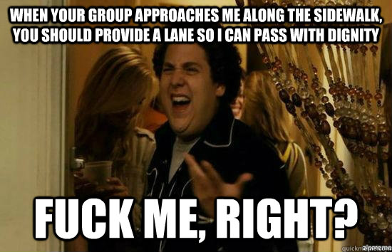 When your group approaches me along the sidewalk, you should provide a lane so I can pass with dignity Fuck me, right? - When your group approaches me along the sidewalk, you should provide a lane so I can pass with dignity Fuck me, right?  Misc