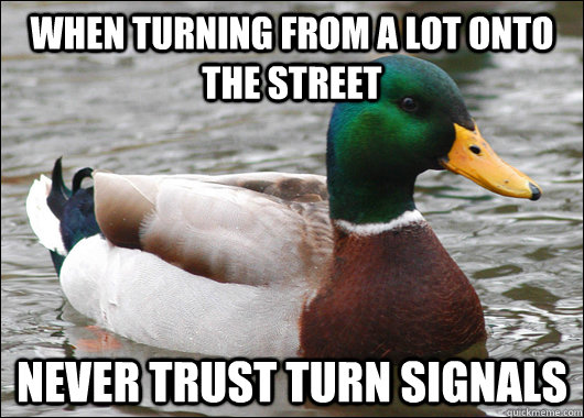 When turning from a lot onto the street Never trust turn signals  Actual Advice Mallard