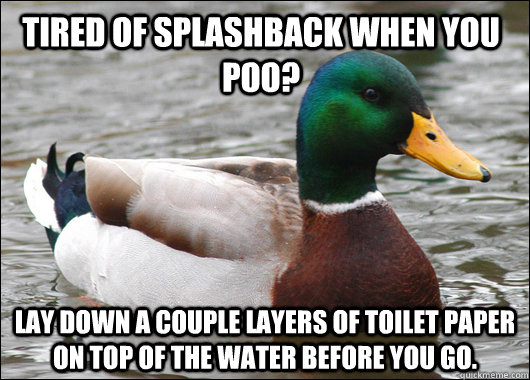 Tired of splashback when you poo? Lay down a couple layers of toilet paper on top of the water before you go.  Actual Advice Mallard