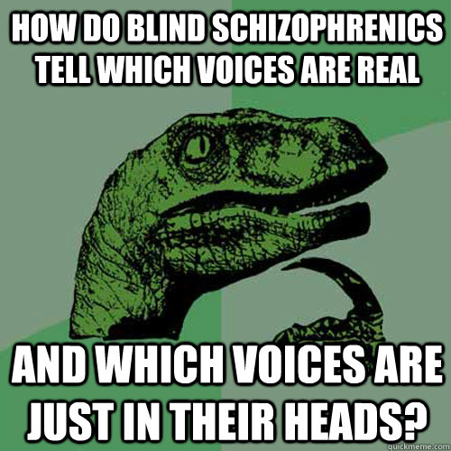 How do blind schizophrenics tell which voices are real and which voices are just in their heads? - How do blind schizophrenics tell which voices are real and which voices are just in their heads?  Philosoraptor