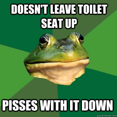 Doesn't leave toilet seat up pisses with it down  Foul Bachelor Frog