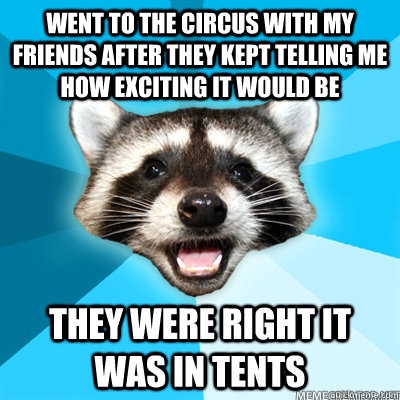 Went to the circus with my friends after they kept telling me how exciting it would be They were right it was in tents   Lame Pun Raccoon