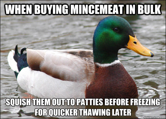 When buying mincemeat in bulk Squish them out to patties before freezing
for quicker thawing later  Actual Advice Mallard