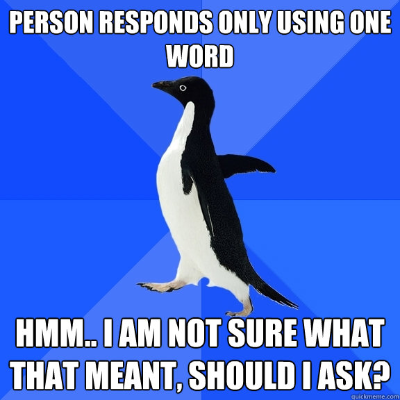 Person responds only using one word hmm.. i am not sure what that meant, should i ask?  Socially Awkward Penguin