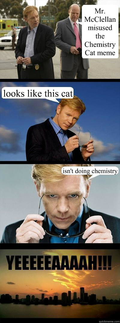 Mr. McClellan misused the Chemistry Cat meme looks like this cat isn't doing chemistry  Horatio Caine