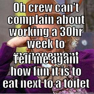 OH CREW CAN'T COMPLAIN ABOUT WORKING A 30HR WEEK TO MANAGEMENT TELL ME AGAIN HOW FUN IT IS TO EAT NEXT TO A TOILET Creepy Wonka