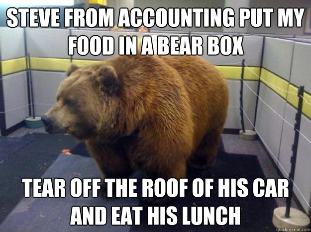 Steve from accounting put my food in a bear box Tear off the roof of his car  and eat his lunch  Office Grizzly