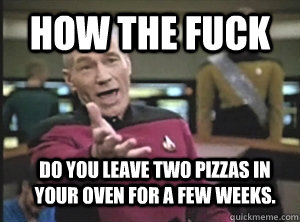 How the fuck Do you leave two pizzas in your oven for a few weeks.  Annoyed Picard
