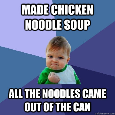 Made chicken noodle soup All the noodles came out of the can  Success Kid