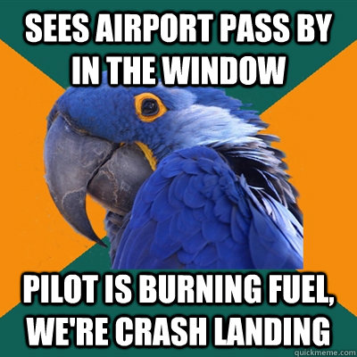 Sees airport pass by in the window pilot is burning fuel, we're crash landing - Sees airport pass by in the window pilot is burning fuel, we're crash landing  Paranoid Parrot