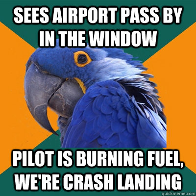 Sees airport pass by in the window pilot is burning fuel, we're crash landing  Paranoid Parrot