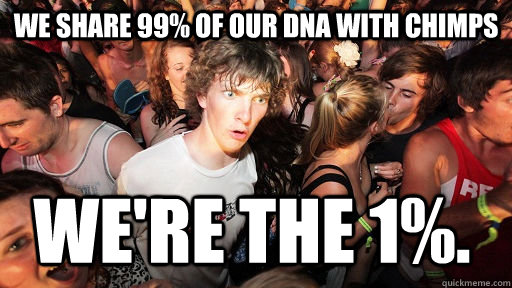 We share 99% of our DNA with chimps We're the 1%.   Sudden Clarity Clarence