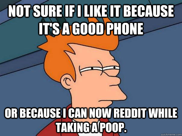 Not sure if I like it because it's a good phone Or because I can now reddit while taking a poop. - Not sure if I like it because it's a good phone Or because I can now reddit while taking a poop.  Futurama Fry