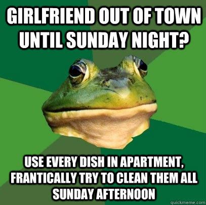 Girlfriend out of town until sunday night? use every dish in apartment, frantically try to clean them all sunday afternoon  Foul Bachelor Frog