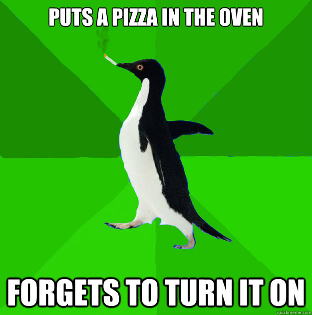 PUTS A PIZZA IN THE OVEN forgets to turn it on  Stoner Penguin