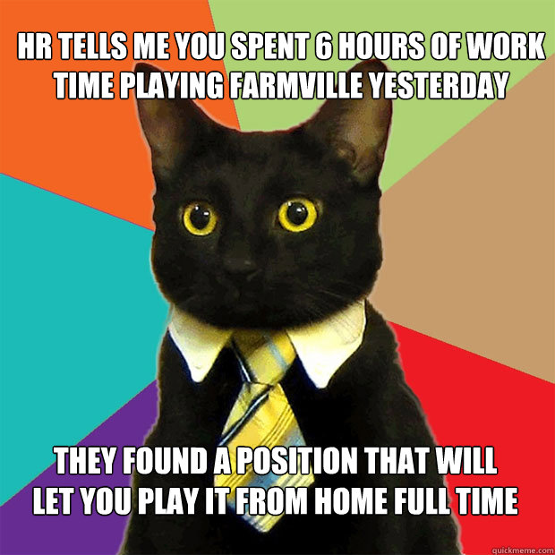 HR tells me you spent 6 hours of work time playing farmville yesterday They found a position that will let you play it from home full time  Business Cat